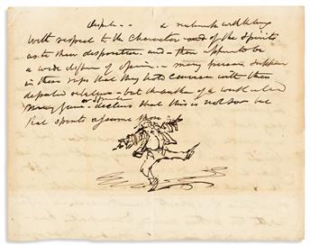 CRUIKSHANK, GEORGE. Group of 6 items, including 4 fragmentary Autograph Notes illustrated with small ink drawings, an Autograph Letter